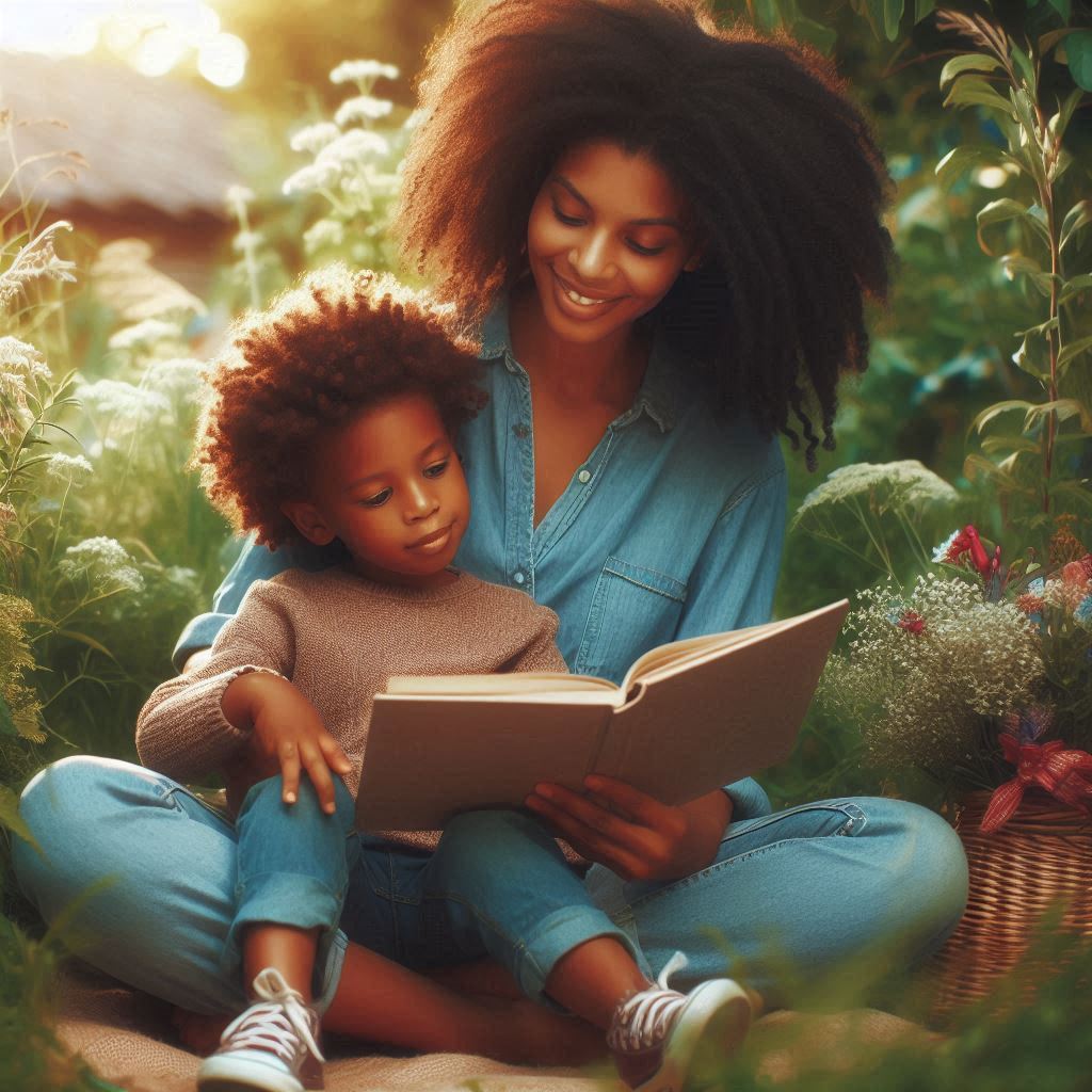 niño afroamericano latino de 7 años feliz con us madre que le lee un cuento